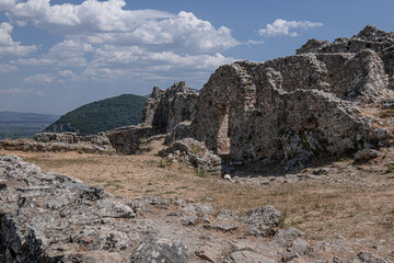 Mystras Castle archeological site, built in the 13th century on a mountain summit, overlooking the Lakonia Plain, near the town of Sparta, Peloponnese, Greece