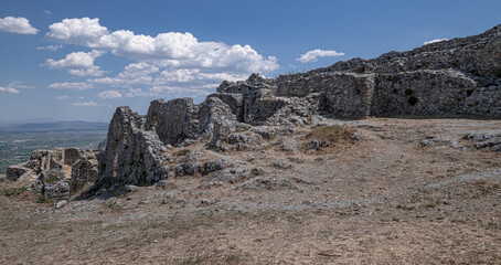 Mystras Castle archeological site, built in the 13th century on a mountain summit, overlooking the Lakonia Plain, near the town of Sparta, Peloponnese, Greece