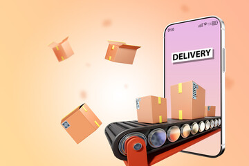 Delivery app. Conveyor in phone screen. Smartphone with inscription Delivery. Concept of ordering delivery via phone. Cardboard courier parcels. Website of courier company in cellphone. 3d rendering.