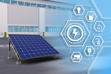 Solar energy. Solar panel. Concept of production of solar modules. Manufacture of panels for power plants. Equipment for generating ECO electricity. Sun panel in front of building. 3d image.