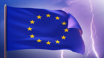 Flag of European Union. EU symbol with lightning. Thunderbolt symbolizes political crisis. Concept of problem in European Union. EU banner. Symbol of Alliance of European States. 3d image.