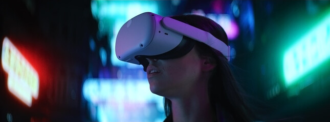 CU Portrait of Hispanic female using her VR metaverse headset in the street full of neon lights, Hong Kong asian style background
