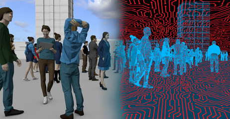 From peoples to futuristic metaverse smart city , blue and red color tone , 3d rendering.