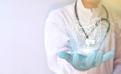 Doctor holding a virtual Intestine. Human organ drawn by hand, healthcare hospital service concept,...