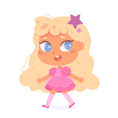 Cute girl walking, isolated little princess in pink dress leaving with adorable gait