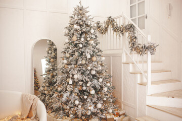 Christmas background. Xmas interior. Home celebration. Christmas design of interior. Closeup christmas balls.
