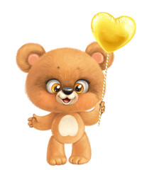 Fototapeta premium Baby Bear holding a balloon in a yellow heart shape isolated on a white background