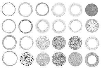 large collection of hand drawn circular graphic design elements, modern shapes isolated on white, vector illustration