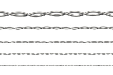 3D metal wire, seamless pattern set, barbwire with twisted steel spiral shapes and curves