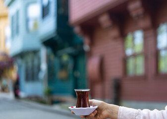Turkish Tea and Bagel in the Istanbul Symbols, Kuzguncuk Street, Bosphorus Istanbul, Turkey