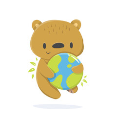 Cartoon illustration of an bear with earth in support of ecology. save the planet