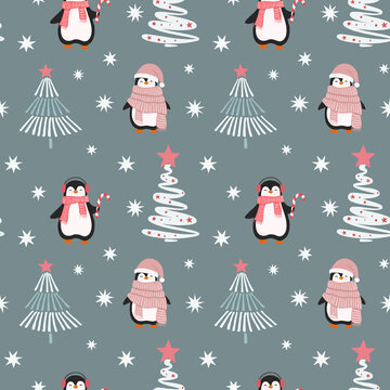 Christmas seamless pattern with cute cartoon penguins end christmas tree.