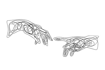 Continuous line drawing of two hands barely touching one another.