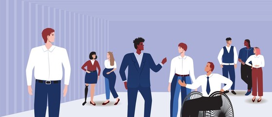 People in office as communication, flat vector stock illustration as concept of Conferences and networking with person in wheelchair, woman, African man