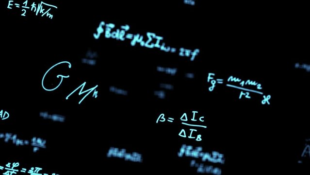Handwritten mathematical and physical formulas of neon glowing color scattered in space. Motion graphics, background for a science video. High quality 4k footage