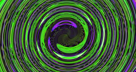 Violet, purple, neon green swirl circle background. Abstract liquid wave.  Trippy luxury digital screen. Virtual Augmented reality. NFT card. Metaverse. Gaming template. Clitch art. Optical illusion