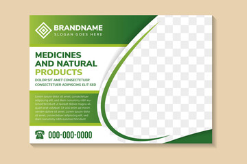 medicines and natural products banner design template. poster design with space of photo and text. horizontal print ready. Combination of multicolored green gradient element and white background