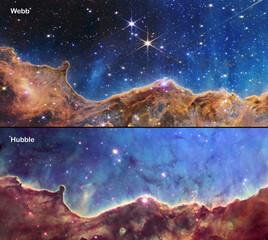Webb and Hubble telescopes side-by-side comparisons visual gains. Carina Nebula, NGC 3324. Elements...