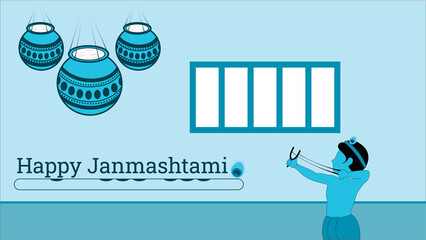 Sri Krishna  with dahi handi on flat room background, Happy Janmashtami vector illustration.