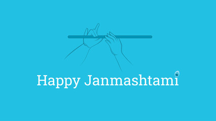 flute in hand on flat blue background. Happy Janmashtami vector illustration.