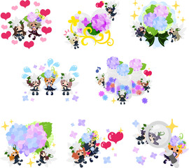 可愛い小さな花の妖精やたちや紫陽花の妖精たちの素敵な日々の生活のイラスト