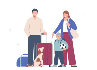 Happy family goes on vacation. Mother, father, child and dog travel together. The concept of traveling with pets.