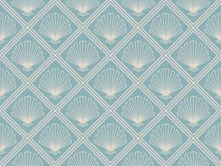 Art Deco shell pattern. Luxury beige and light blue ornamental geometric decor. 