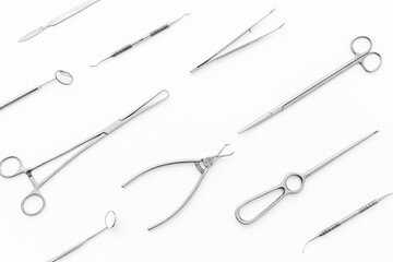 Dental or surgical instruments tools. Medical steel equipment