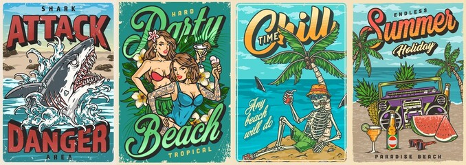 Beach party set colorful posters