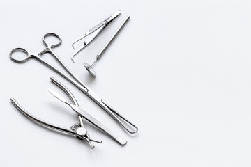 Medical steel equipment tools for surgery or dentistry. Healthcare background