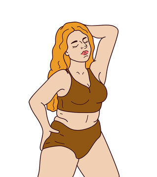 Vector image on the theme love yourself as you are. MY BODY MY CHOICE. Beautiful curvy girl in comfortable underwear.