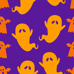 Halloween seamless pattern with scary funny ghosts. Festive scary pattern, colorful Halloween print. Autumn wallpaper or party background with ghosts - for fabric, for textiles, for wrapping paper
