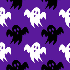 Ghosty scary pattern, colorful Halloween print. Autumn wallpaper or party background with ghosts - for fabric, for textiles, for wrapping paper. Halloween seamless pattern with scary funny ghosts.