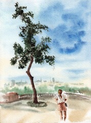Summer landscape with girl walking in the park. Large showy tree in the middle ground. Behind the city infrastructure in a blur. Hand drawn watercolor picture with paper texture. Raster
