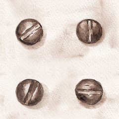 Seamless texture with four screw heads on surface. Hand drawn watercolor picture on paper. Raster