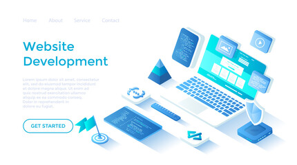 Fototapeta premium Website Development Programming Coding. Design, user experience UX, user interface UI. Website layout elements. Landing page template for web on white background.