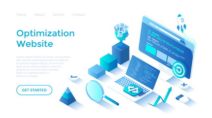 Website Optimization, Search Engine Optimization, SEO strategy. Web analytics, management and marketing. Keywording, links building. Landing page template for web on white background.