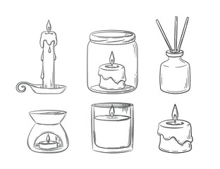 A set of diffuser and wax candles with a wick in a glass holder with a wooden lid. Sketch in doodle style. Air freshener and candles in a jar drawn in a sketch style. Isolated vector illustration.