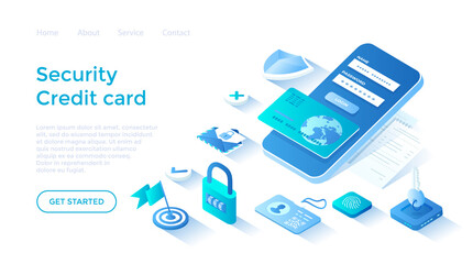 Credit Card Security. Protection of personal information. Money protection, online banking, payment protection. Landing page template for web on white background.