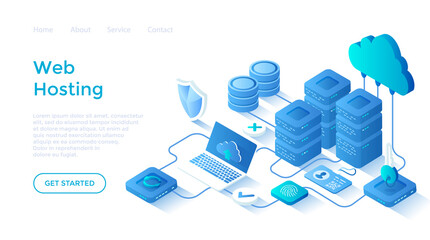 Web hosting, Сloud computing storage, Database, Network connection. Hosting servers, computer, cloud. Landing page template for web on white background.