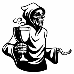 Human hooded skeleton vector image, holding the bowl of wine. Isolated on white background.