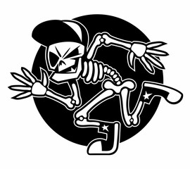 Cartoon style funny running human skeleton with the baseball cap. Isolated on white background