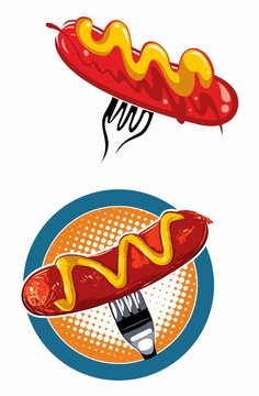 Sausage on a fork, sausage with mustard vector image, isolated on wite background.