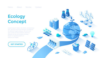 Ecology, Green city, Eco planet. Bio technology ideas. Solar panels, wind turbines, hydroelectric station, recycling, save energy. Landing page template for web on white background.