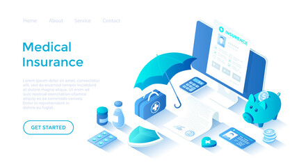 Medical Insurance. Contract document, policy, filling medical form. Life insurance, protection of health, health plan. Landing page template for web on white background.