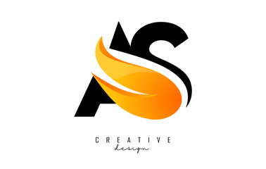 Vector illustration of abstract letters AS a S with fire flames and Orange Swoosh design. Letters A and S logo with creative cut and shape.