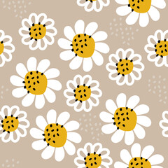 Daisies, garden, white flowers. Fun, cute print. Seamless pattern, white, yellow and ocher, 4 four colors. Repeat, texture background. Spring romantic vector illustration.