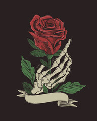 skull hand with red rose flower
