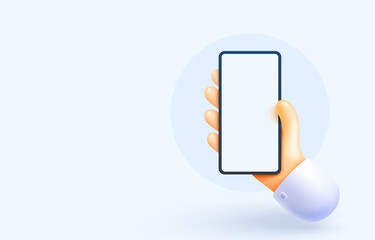 smartphone in hand, pressing the touchscreen, web banner. Vector