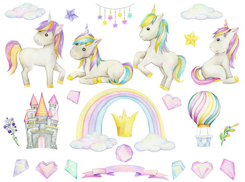 Unicorns, castle, balloon, rainbow, crystals. Watercolor set, in cartoon style, on an isolated background.